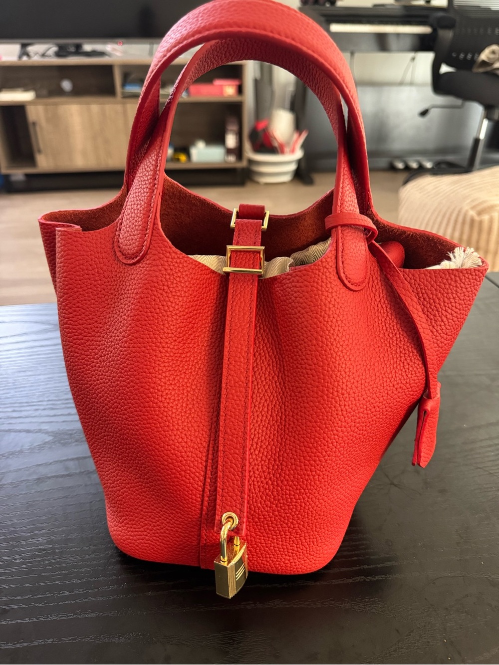 Red Leather Handbag with Gold Padlock